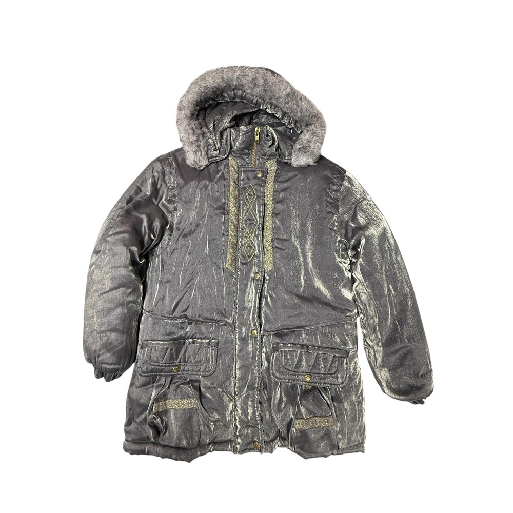 Girl's iridescent, metallic embroidery Gray/silver Parka with Faux‎ Fur Hood 16